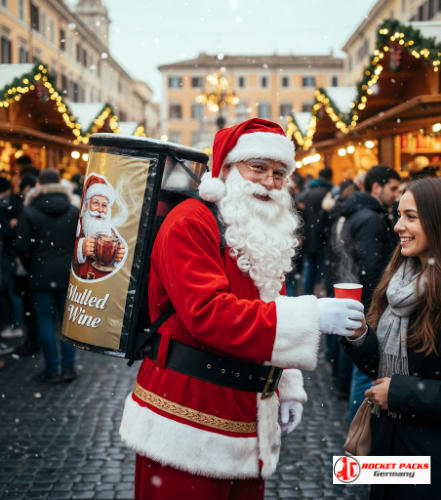 Hot mulled-wine dispenser backpack being used by a vendor at an Austin Texas Christmas market, open-air festival setting with food stalls, festive décor and warm winter drink enjoyment.