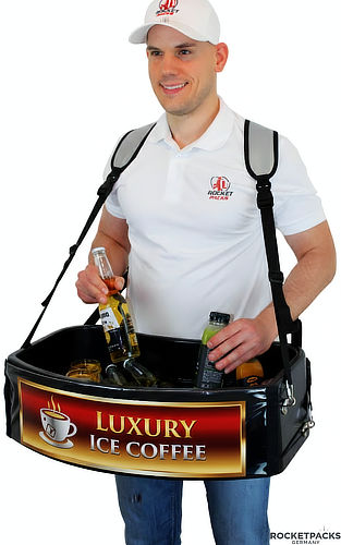 Portable coffee hawker - sampling tray with a large customizable front panel for brand promotion and logos.