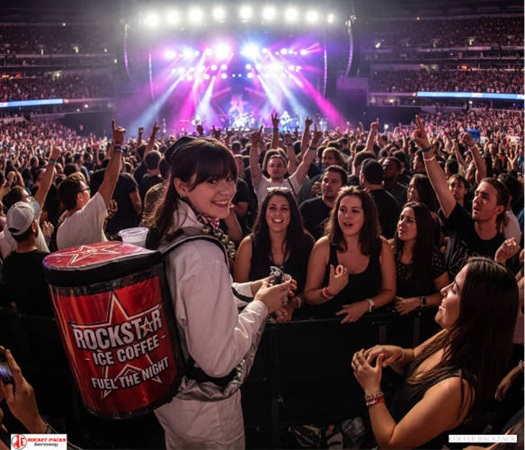 Coffee To Go Latte Macchiato Backpack at Paris open-air concert with marketing promotion, sales uplift, live communication, and brand message activation in an outdoor event environment.