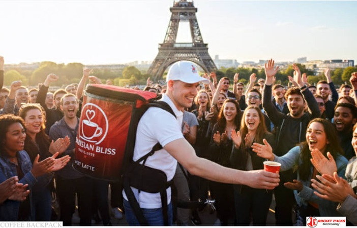 Mobile Coffee Backpack for Vanilla Latte in Brussels shopping area, supporting event sales uplift with POS campaign strategies, visual marketing, and customer experience development.