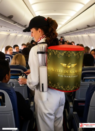 Mobile Coffee Service Backpack dispensing Iced Mocha at Stockholm cultural festival, supporting sales incentives and taster activation to increase event engagement.