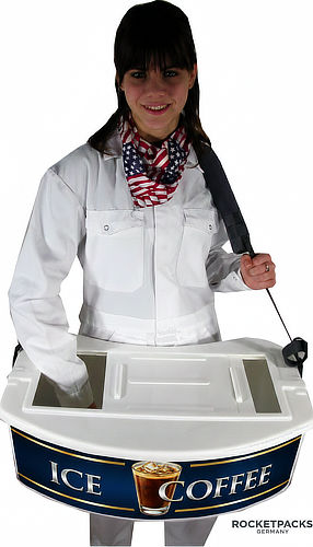 High-capacity coffee vendor tray with integrated cup holders and compartments for milk and sugar.