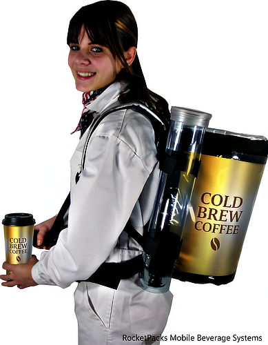 Mobile espresso and coffee backpack dispenser for professional guest service at trade shows and conferences.