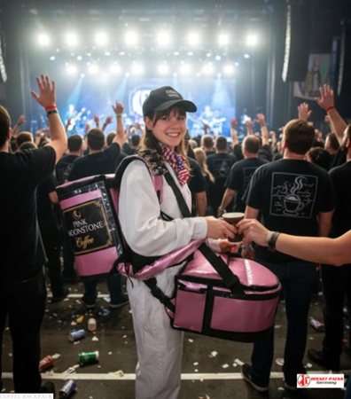 Mobile Espresso Coffee Backpack providing service at Helsinki cultural event with live communication, brand partnership solutions, customer engagement, and event industry marketing activation.