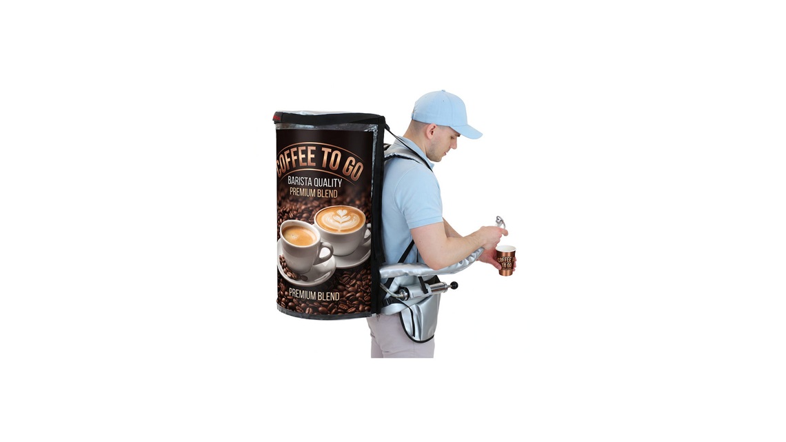 Portable backpack dispenser and system for easy freshly brewed coffee service in mobile outdoor settings.