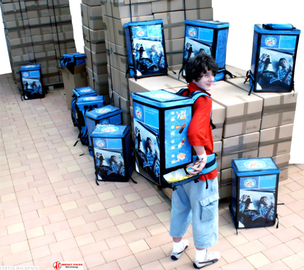 Portable Coffee Backpack dispensing Flat White Macchiato at Stockholm roadshow event, providing customer service on the go with effective POS marketing, brand message propagation, and live event catering.