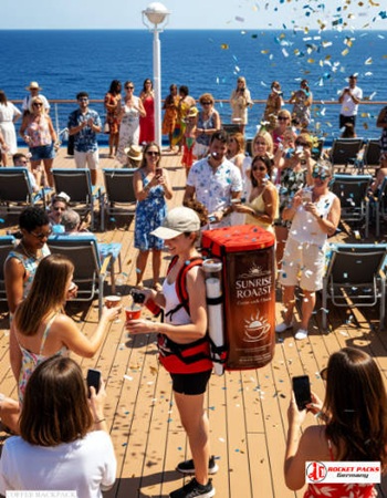 Portable Cold Brew Coffee Backpack delivering Mocha at Rome festival with live communication and exceptional drink service for outdoor event hospitality.