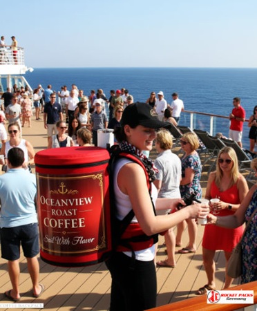 Professional Latte Mocha Dispensing Backpack during Dublin open days event, offering catering service, shopper experience, tasting sessions, and integrated marketing for product promotion and customer appreciation.