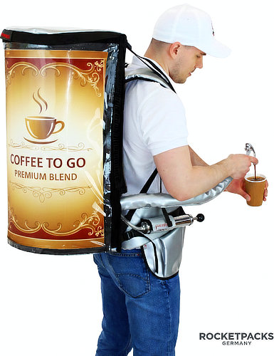 RocketPacks professional coffee dispenser backpack for mobile catering and event beverage service.