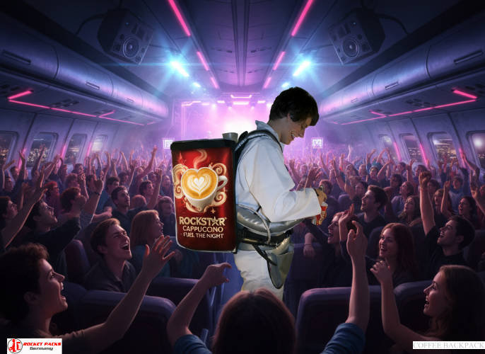 Takeaway Coffee Backpack dispensing Hazelnut Latte during Berlin trade promotion, enhancing brand presence, cross-promotion activities, and product presentation for optimized shopper engagement.